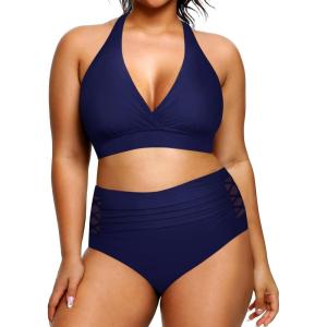 imageYonique Womens Two Piece Plus Size Halter Bikini Swimsuits Tummy Control Bathing Suits High Waisted SwimwearNavy Blue