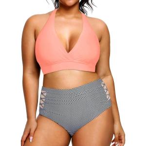 imageYonique Womens Two Piece Plus Size Halter Bikini Swimsuits Tummy Control Bathing Suits High Waisted SwimwearPink and Stripes