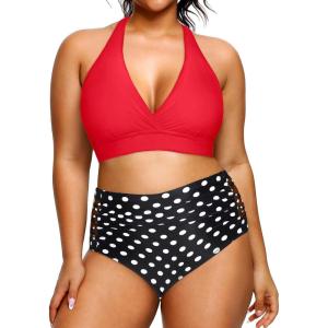 imageYonique Womens Two Piece Plus Size Halter Bikini Swimsuits Tummy Control Bathing Suits High Waisted SwimwearRed and Polka Dot
