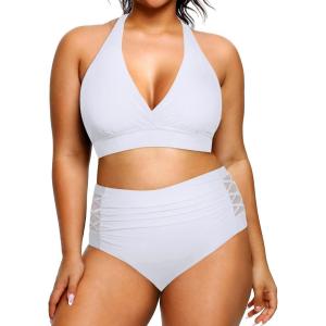 imageYonique Womens Two Piece Plus Size Halter Bikini Swimsuits Tummy Control Bathing Suits High Waisted SwimwearWhite