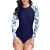 imageYonique Womens Rash Guard Long Sleeve Swimsuit One Piece Bathing Suit Zipper Surfing Swimwear UPF 50Blue Pink Leaf