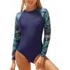 imageYonique Womens Rash Guard Long Sleeve Swimsuit One Piece Bathing Suit Zipper Surfing Swimwear UPF 50Dark Blue and Leaf