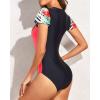 imageYonique Womens Short Sleeve Rash Guard One Piece Swimsuit Zip Up Bathing Suit Surfing Swimwear UPF 50Black and Coral Pink Floral