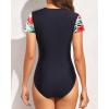 imageYonique Womens Short Sleeve Rash Guard One Piece Swimsuit Zip Up Bathing Suit Surfing Swimwear UPF 50Black and Coral Pink Floral