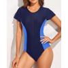 imageYonique Womens Short Sleeve Rash Guard One Piece Swimsuit Zip Up Bathing Suit Surfing Swimwear UPF 50Navy Blue
