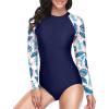 imageYonique Womens Rash Guard Long Sleeve Swimsuit One Piece Bathing Suit Zipper Surfing Swimwear UPF 50Blue Pink Leaf