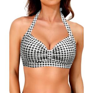 imageYonique Women Halter Bikini Top Only Retro Swimsuit Top Push Up Bathing Suit Top No BottomVintage Grid