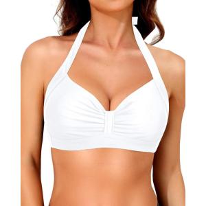 imageYonique Women Halter Bikini Top Only Retro Swimsuit Top Push Up Bathing Suit Top No BottomWhite