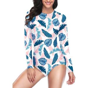 imageYonique Womens Rash Guard Long Sleeve Swimsuit One Piece Bathing Suit Zipper Surfing Swimwear UPF 50Blue Pink Leaf 01