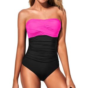 imageYonique Womens Strapless One Piece Swimsuit Tummy Control Bandeau Bathing Suits Slimming Twist Front SwimwearHot Pink and Black