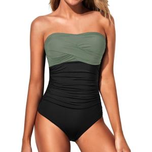 imageYonique Womens Strapless One Piece Swimsuit Tummy Control Bandeau Bathing Suits Slimming Twist Front SwimwearOlive Green and Black