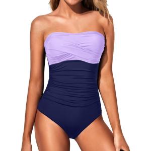 imageYonique Womens Strapless One Piece Swimsuit Tummy Control Bandeau Bathing Suits Slimming Twist Front SwimwearPurple Navy Blue