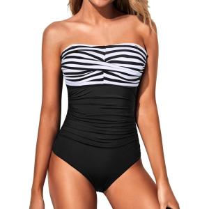 imageYonique Womens Strapless One Piece Swimsuit Tummy Control Bandeau Bathing Suits Slimming Twist Front SwimwearStripe  Black