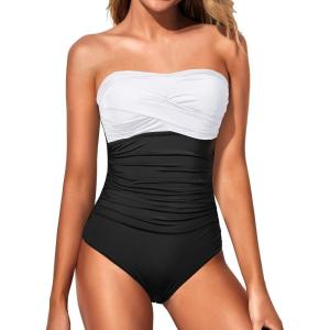 imageYonique Womens Strapless One Piece Swimsuit Tummy Control Bandeau Bathing Suits Slimming Twist Front SwimwearWhite  Black