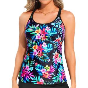 imageYonique Womens Tankini Top Swimsuits Top No Bottom Athletic Tummy Control Bathing Suits Top Swim Tank TopFlowers and Black