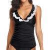 imageYonique Womens Tankini Top Only Tummy Control Bathing Suit Top Ruffle Swimsuit Top V Neck Swim Tank Top No BottomBlack and White