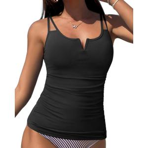 imageWomen Tankini Bathing Suit Top  Ruched Tummy Control Swimsuit Top Modest Swim Tank Top Only No Bottom 2025Black