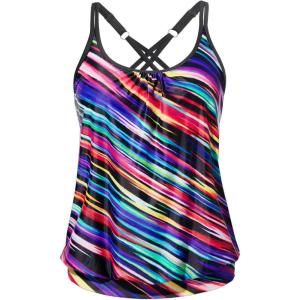 imageYonique Blouson Tankini Tops for Women Swimwear Top Only Modest Tankini Tops Loose Fit Swim Tops No BottomColor Striped