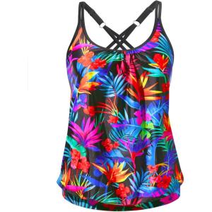 imageYonique Blouson Tankini Tops for Women Swimwear Top Only Modest Tankini Tops Loose Fit Swim Tops No BottomColorful Leaves