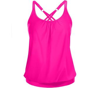 imageYonique Blouson Tankini Tops for Women Swimwear Top Only Modest Tankini Tops Loose Fit Swim Tops No BottomHot Pink