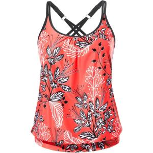imageYonique Blouson Tankini Tops for Women Swimwear Top Only Modest Tankini Tops Loose Fit Swim Tops No BottomRed and Leaves