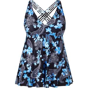 imageYonique Plus Size Tankini Tops for Women No Bottom Flowy Bathing Suit Top V Neck Swim TopBlue Paisley