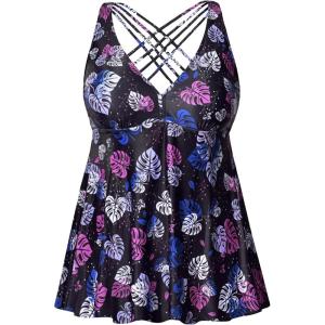 imageYonique Plus Size Tankini Tops for Women No Bottom Flowy Bathing Suit Top V Neck Swim TopPurple Leaves