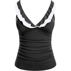 imageYonique Womens Tankini Top Only Tummy Control Bathing Suit Top Ruffle Swimsuit Top V Neck Swim Tank Top No BottomBlack and White