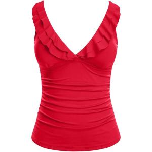 imageYonique Womens Tankini Top Only Tummy Control Bathing Suit Top Ruffle Swimsuit Top V Neck Swim Tank Top No BottomRed