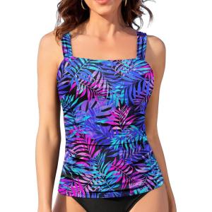 imageYonique Tankini Tops for Women Swimwear Top Only Tummy Control Swim Top Modest Tank Top Bathing Suits No BottomBlue Leaves