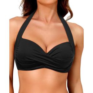 imageYonique Women Halter Bikini Top Push Up Swimsuit Top Retro Swim Top Twist Front Bathing Suit Top OnlyBlack