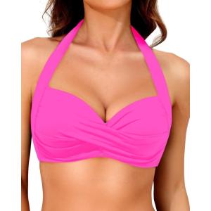 imageYonique Women Halter Bikini Top Push Up Swimsuit Top Retro Swim Top Twist Front Bathing Suit Top OnlyHot Pink
