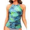 imageWomen Tankini Swim Top Only  High Neck Bathing Suit Tops Tummy Control Tank Top No BottomBlue Leaves