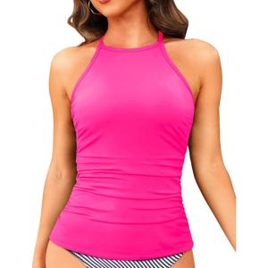 imageWomen Tankini Swim Top Only  High Neck Bathing Suit Tops Tummy Control Tank Top No BottomHot Pink
