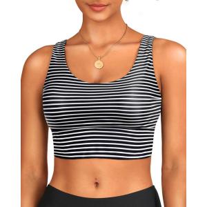 imageYonique Women Sports Bra Bikini Top Swim Bra Athletic Swim Top Scoop Neck Bathing SuitBlack and White Stripe