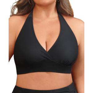 imageYonique Womens Plus Size Bikini Tops Only Halter Swimsuit Top Large Bust Swim Top V Neck Bathing Suit TopsBlack