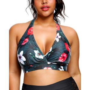 imageYonique Womens Plus Size Bikini Tops Only Halter Swimsuit Top Large Bust Swim Top V Neck Bathing Suit TopsBlack Floral