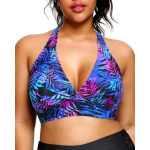 imageYonique Womens Plus Size Bikini Tops Only Halter Swimsuit Top Large Bust Swim Top V Neck Bathing Suit TopsBlue Leaves