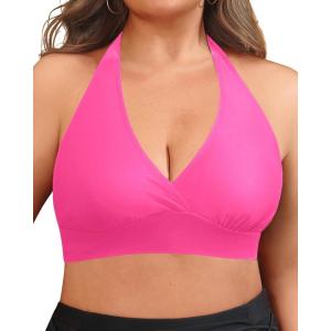 imageYonique Womens Plus Size Bikini Tops Only Halter Swimsuit Top Large Bust Swim Top V Neck Bathing Suit TopsHot Pink