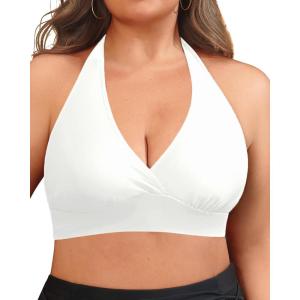 imageYonique Womens Plus Size Bikini Tops Only Halter Swimsuit Top Large Bust Swim Top V Neck Bathing Suit TopsWhite