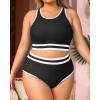 imageYonique Plus Size High Waisted Bikini Sets Two Piece Color Block Swimsuits High Neck Racerback Bikini Sporty Bathing SuitsBlack White