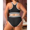 imageYonique Plus Size High Waisted Bikini Sets Two Piece Color Block Swimsuits High Neck Racerback Bikini Sporty Bathing SuitsBlack White