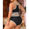 imageYonique Plus Size High Waisted Bikini Sets Two Piece Color Block Swimsuits High Neck Racerback Bikini Sporty Bathing SuitsBlack White