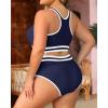 imageYonique Plus Size High Waisted Bikini Sets Two Piece Color Block Swimsuits High Neck Racerback Bikini Sporty Bathing SuitsNavy Blue