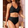 imageYonique Women Two Piece High Waisted Bikini Set Halter Swimsuit Twist Front Bathing Suit with Tummy Control BottomsBlack