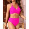imageYonique Women Two Piece High Waisted Bikini Set Halter Swimsuit Twist Front Bathing Suit with Tummy Control BottomsPink
