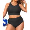 imageYonique Plus Size High Waisted Bikini Sets Two Piece Color Block Swimsuits High Neck Racerback Bikini Sporty Bathing SuitsBlack