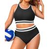 imageYonique Plus Size High Waisted Bikini Sets Two Piece Color Block Swimsuits High Neck Racerback Bikini Sporty Bathing SuitsBlack White