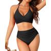 imageYonique Women Two Piece High Waisted Bikini Set Halter Swimsuit Twist Front Bathing Suit with Tummy Control BottomsBlack