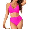 imageYonique Women Two Piece High Waisted Bikini Set Halter Swimsuit Twist Front Bathing Suit with Tummy Control BottomsPink